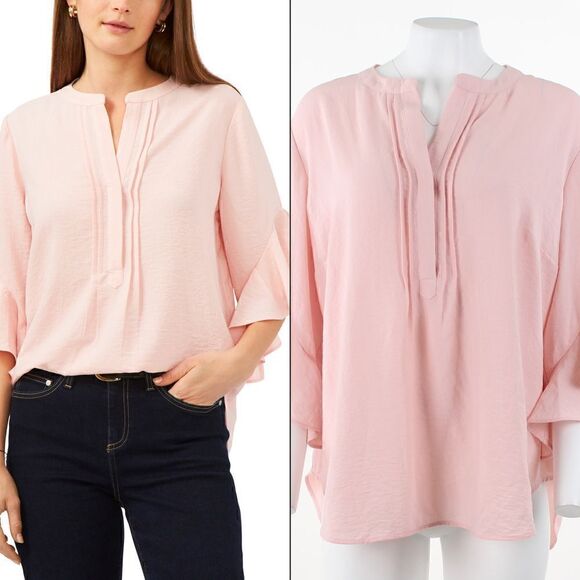 Vince Camuto Plus Size Ruffle Sleeve Henley Fresh Pink - Picture 1 of 5